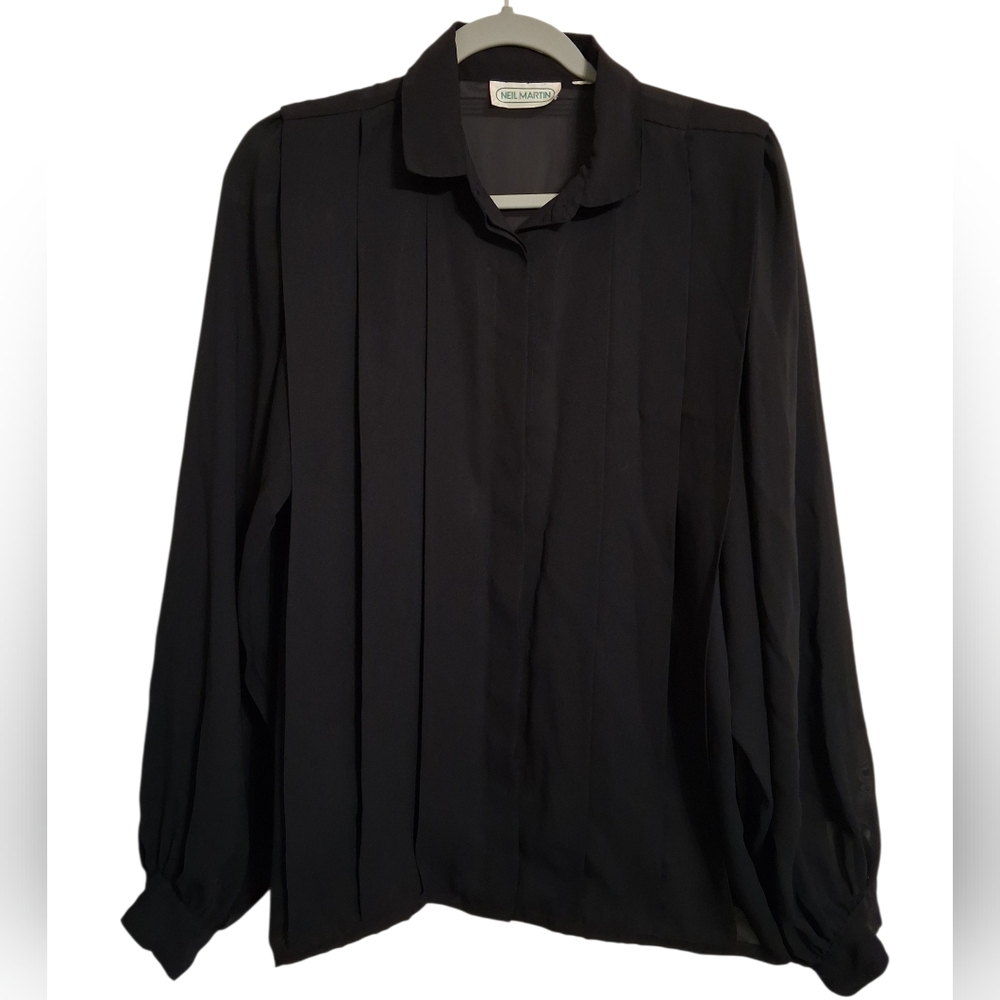 VINTAGE NEIL MARTIN BLACK SHEER LONG SLEEVE BUTTON-UP PLEATED BLOUSE SIZE L